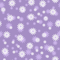 Floral seamless pattern. Daisies or chamomile. Endless cute ornament for textile or design. Chamomiles on a lilac background. Fashionable print. Vector