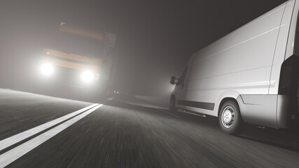 Fototapeta na wymiar Low Angle View of a White Delivery Van and a Box Truck Moving in Opposite Directions on the Road at Night 3D Rendering