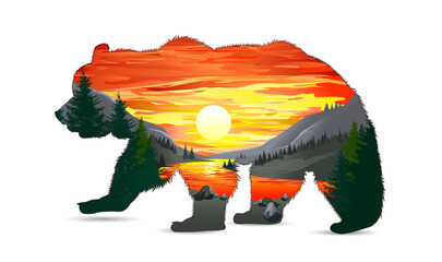 Bear with mountain wildlife landscape. Silhouette of a wild brown bear. Wildlife, mountains, forest, river and sun with clouds are depicted inside the outline of the bear