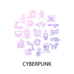 Cyberpunk concept circle layout with outline icons. Futuristic city. robots. Isolated vector stock illustration