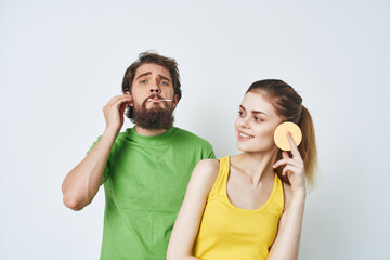 man and woman in the bathroom morning care hygiene