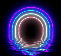 Abstract futuristic background, pink blue neon lights gate with 3D glowing reflected in water, sci fi render illustration.