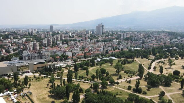 Amazing Aerial view of city of Sofia near National Palace of Culture, Bulgaria