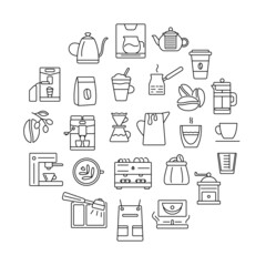 Barista and coffee accessories circle layout with outline icons. Cafe equipment. Isolated vector illustration