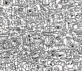 Fototapeta premium Black and white cartoon pattern on a white background, abstract design, seamless background.