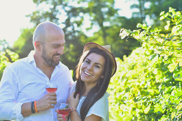 Portrait of a smiling happy couple kissing in a Vineyard toasting wine. Beautiful brunette woman and bearded muscular man spending time together during grape harvest.