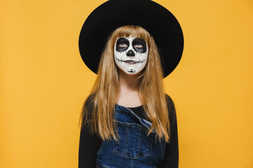 Close up portrait of scary girl kid with painted lips and dark circles around eyes, dreamful looks away, prepares for Mexican carnival poses against yellow color background wall in studio. Halloween