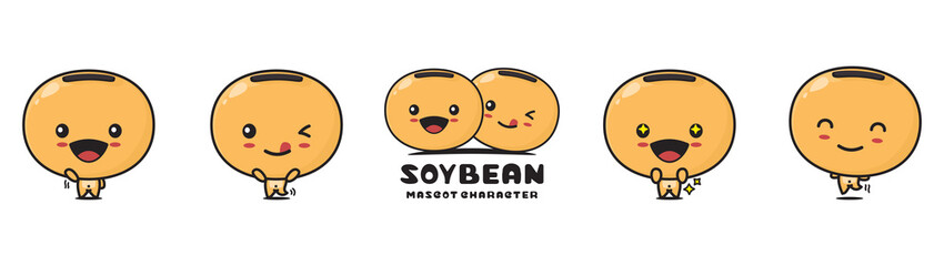 cute soybean mascot, with different facial expressions and poses