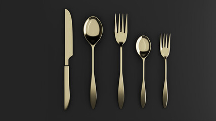 Gold spoon, fork and knife on a black background ,isolated,Top View Isolated,3d rendering
