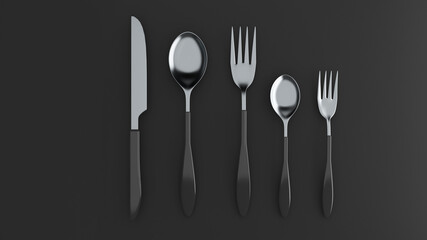 Silver spoon, fork and knife on a black background ,isolated,Top View Isolated,3d rendering