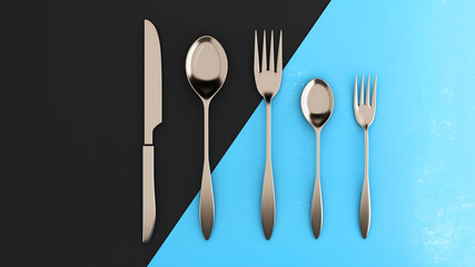 Copper spoon, fork and knife on a black background with blue sky,isolated,Top View Isolated,3d rendering