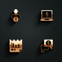 Set Business investor, Laptop with dollar, Document graph chart and negotiations icon with long shadow. Vector