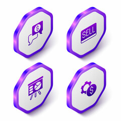 Set Isometric Business negotiations, Sell button, Board with graph and Gear dollar symbol icon. Purple hexagon button. Vector