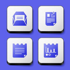 Fototapeta premium Set Envelope, Resume, Notebook and Document with graph chart icon. White square button. Vector