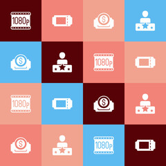 Set pop art Full HD 1080p, Cinema ticket, and Actor star icon. Vector