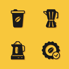 Set Coffee cup to go, Medal for coffee, Electric kettle and maker moca pot icon with long shadow. Vector