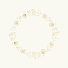 Ocean circle frame with shell, bubble, algae, seaweed, coral, starfish. Vector gold isolated illustration.