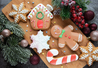 Christmas gingerbread cookies and Christmas decorations.