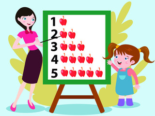 Learning math vector concept: Schoolgirl learning math with female teacher while looking at apple picture on the whiteboard