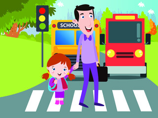 Fatherhood vector concept: Young father and schoolgirl crossing the road together while join hands