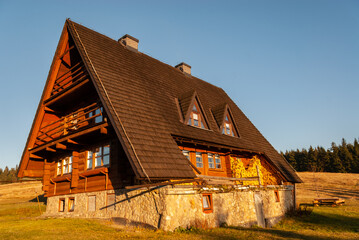 Mountain hut in a clearing, Beskids, Poland