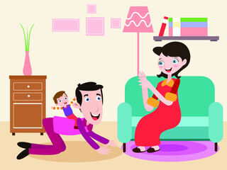 Quality time vector concept: Happy parents and their son playing together at home while enjoying quality time 