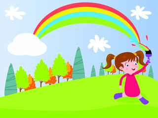 Obraz na płótnie Canvas Painting rainbow vector concept: Little girl painting rainbow on the sky while using paint brush 