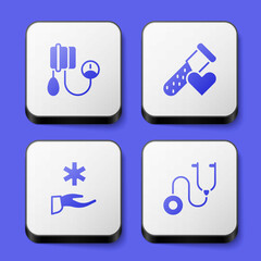 Set Blood pressure, Test tube with blood, Cross hospital medical and Stethoscope icon. White square button. Vector