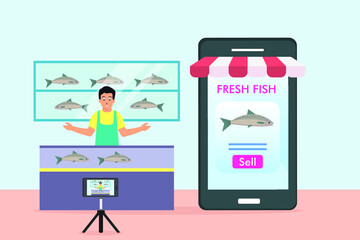 Man selling online fishes on mobile phone application store. Online small business vector concept