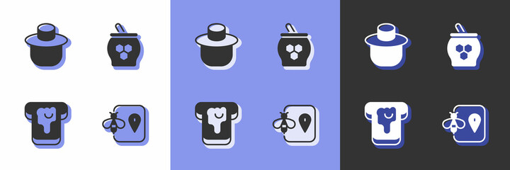 Set Bee location, Beekeeper with protect hat, Bread honey and Jar of and dipper stick icon. Vector