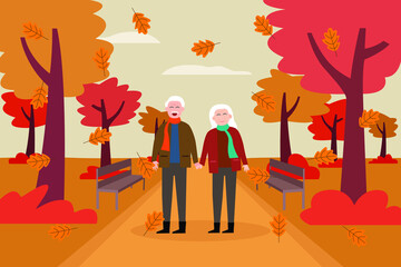 Autumn season vector concept: Senior couple walking together in the park with autumn season 
