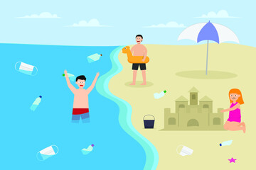 Obraz na płótnie Canvas Water pollution vector concept: Group of children playing in the dirty beach with rubbish on the water