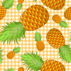 Pineapple seamless pattern on gingham background. Tropical fruit repeating endless texture. Yummy boundless background. Food surface pattern design. Editable tile for textile or stationery