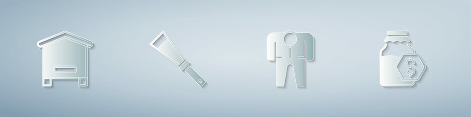 Set Hive for bees, Beekeeping knife, Beekeeper costume and Sale jar of honey. Paper art style. Vector