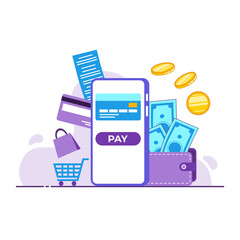 Online mobile payment concept. Online shopping with mobile concept. Mobile phone, credit card, wallet, coins, cash, cart, shopping bag. Flat illustration.