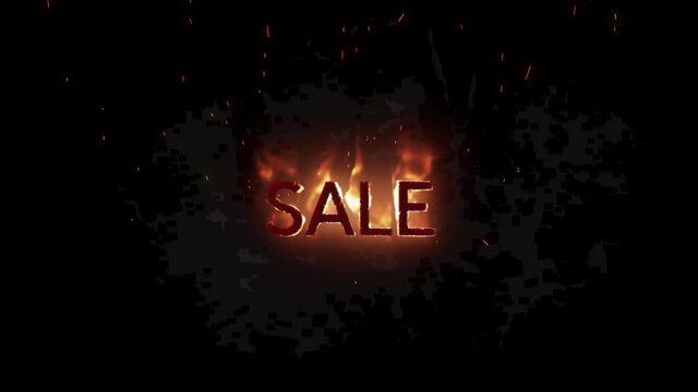 Animation of sale text in burning flames over dark background