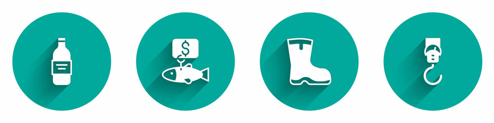 Set Bottle of vodka, Price tag for fish, Fishing boots and Spring scale icon with long shadow. Vector