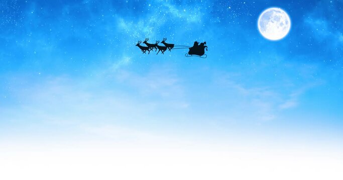 Animation of santa claus in sleigh with reindeer over moon and sky
