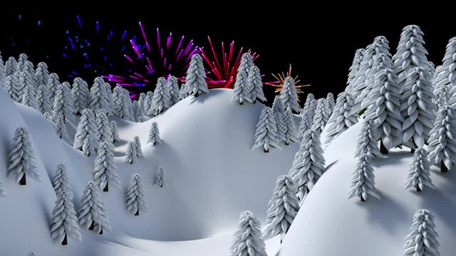 Animation of fireworks and christmas tree over winter landscape