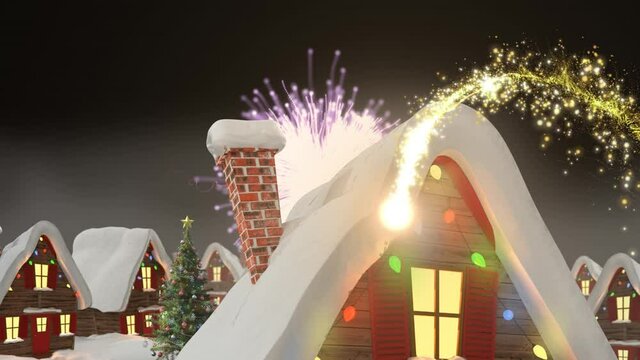 Animation of shooting star and fireworks over christmas houses