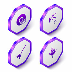 Set Isometric Washing dishes, Water tap, Rubber plunger and Washbasin icon. Purple hexagon button. Vector