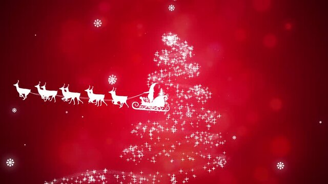 Animation of santa claus in sleigh over shooting star and snow falling on red background