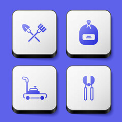 Set Shovel and rake, Pack full of seeds, Lawn mower and Gardening scissors icon. White square button. Vector
