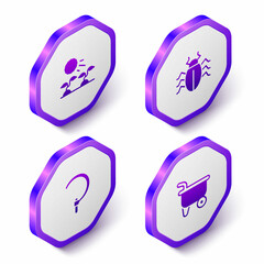 Set Isometric Plant sprouts grow in the sun, Colorado beetle, Sickle and Wheelbarrow icon. Purple hexagon button. Vector