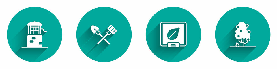Set Well, Shovel and rake, Seeds of specific plant and Fruit tree icon with long shadow. Vector