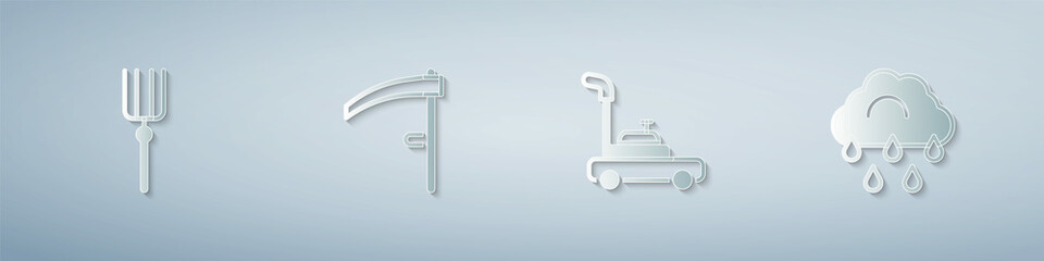Set Garden pitchfork, Scythe, Lawn mower and Cloud with rain. Paper art style. Vector