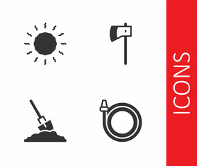 Set Garden hose, Sun, Shovel in the ground and Wooden axe icon. Vector