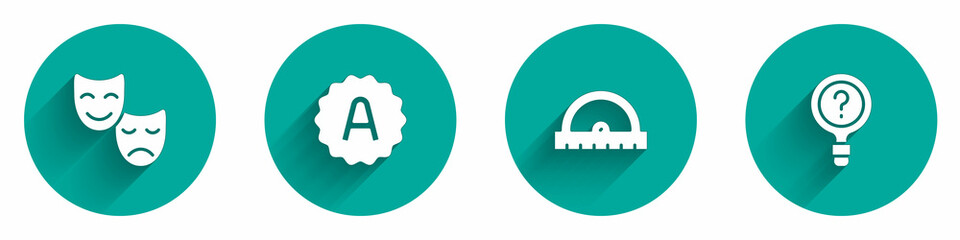 Set Comedy and tragedy masks, Exam sheet with A plus grade, Protractor grid and Unknown search icon with long shadow. Vector