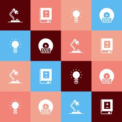 Set pop art Table lamp, Book with mathematics, Creative light idea and CD or DVD disk icon. Vector