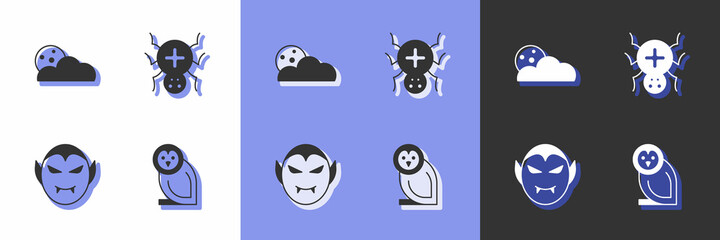 Set Owl bird, Moon and stars, Vampire and Spider icon. Vector